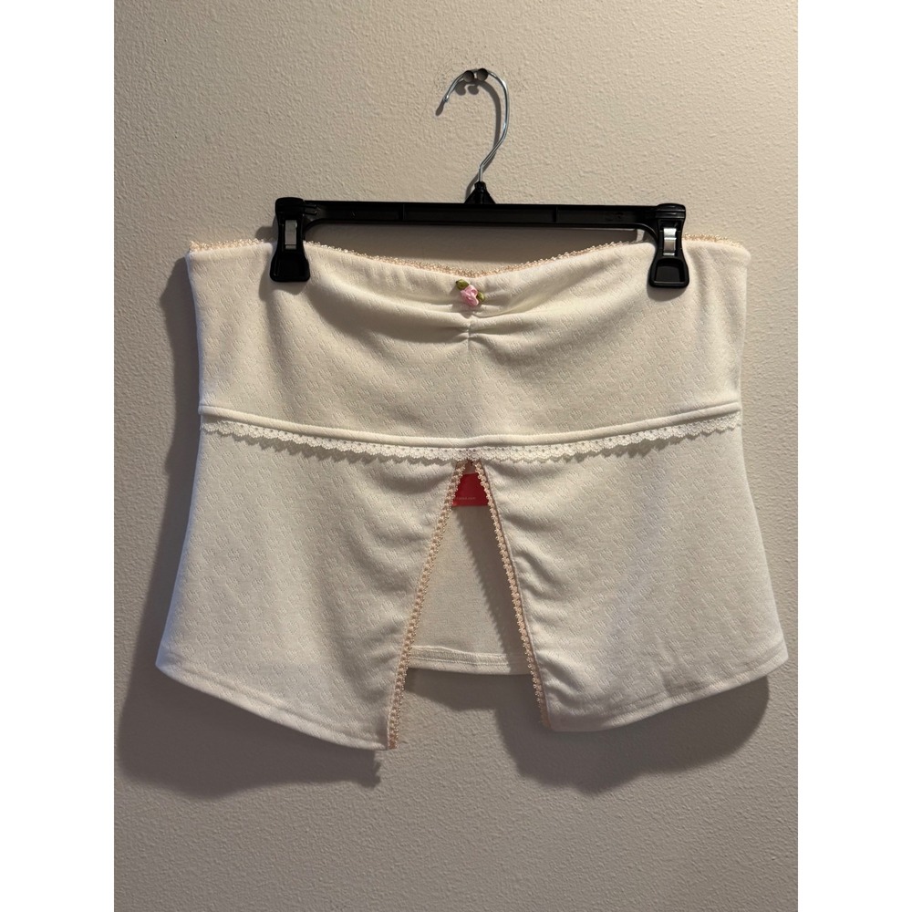 Edikted White Pointelle Tube Top Pink Lace Rosette Split Hem XL NWT - Picture 3 of 5